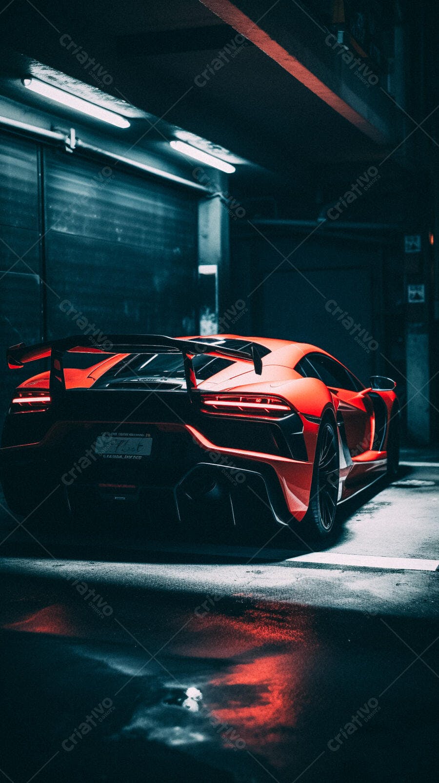 Lamborghini vermelha em estacionamento noturno