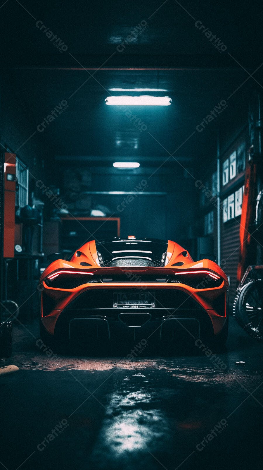 Supercarro laranja em garagem escura