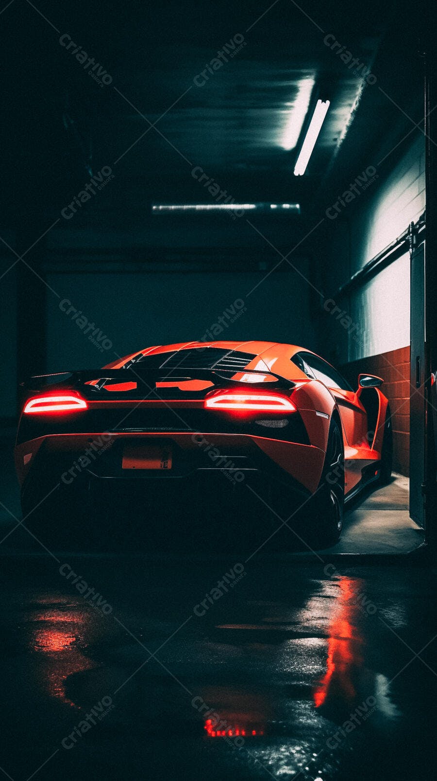 Lamborghini laranja em garagem escura