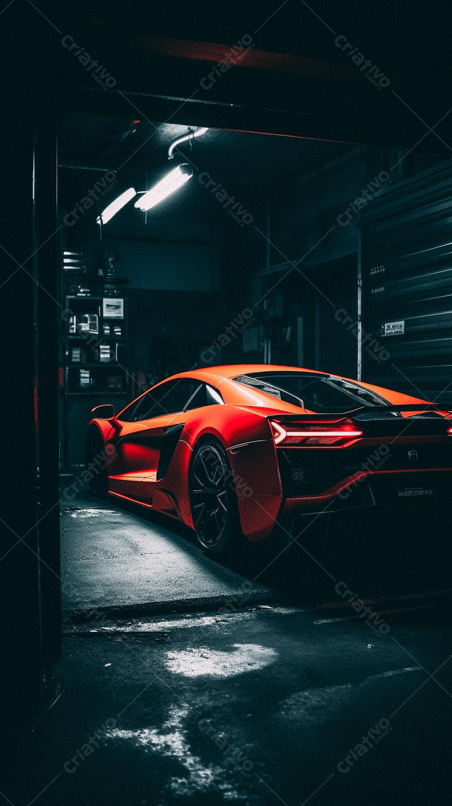 Supercarro Vermelho em Garagem Noturna