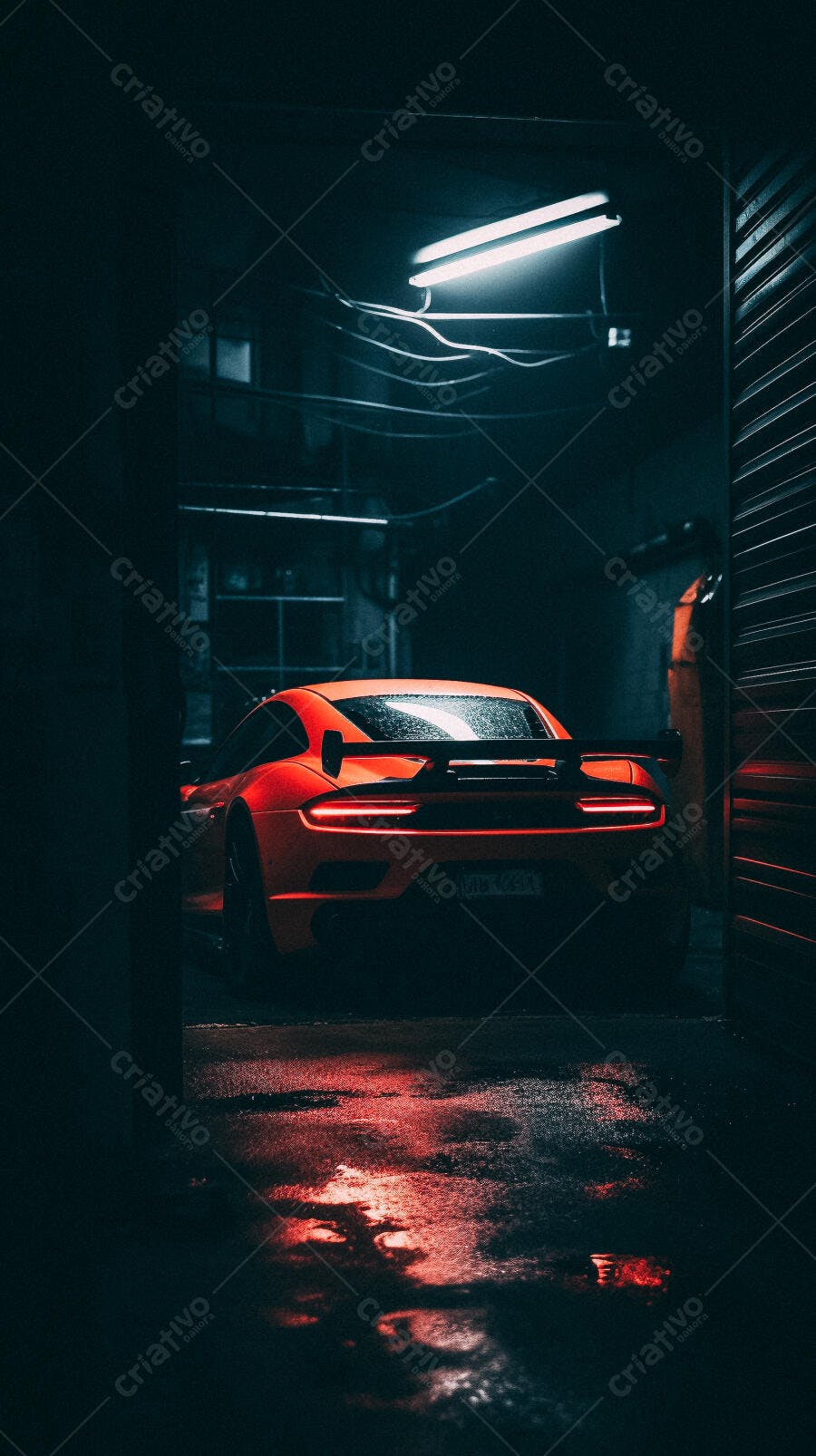 Esportivo vermelho em garagem noturna