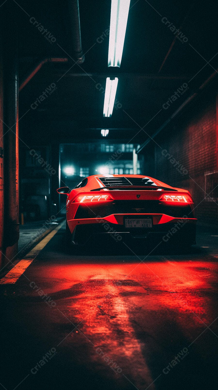 Lamborghini vermelha em estacionamento noturno