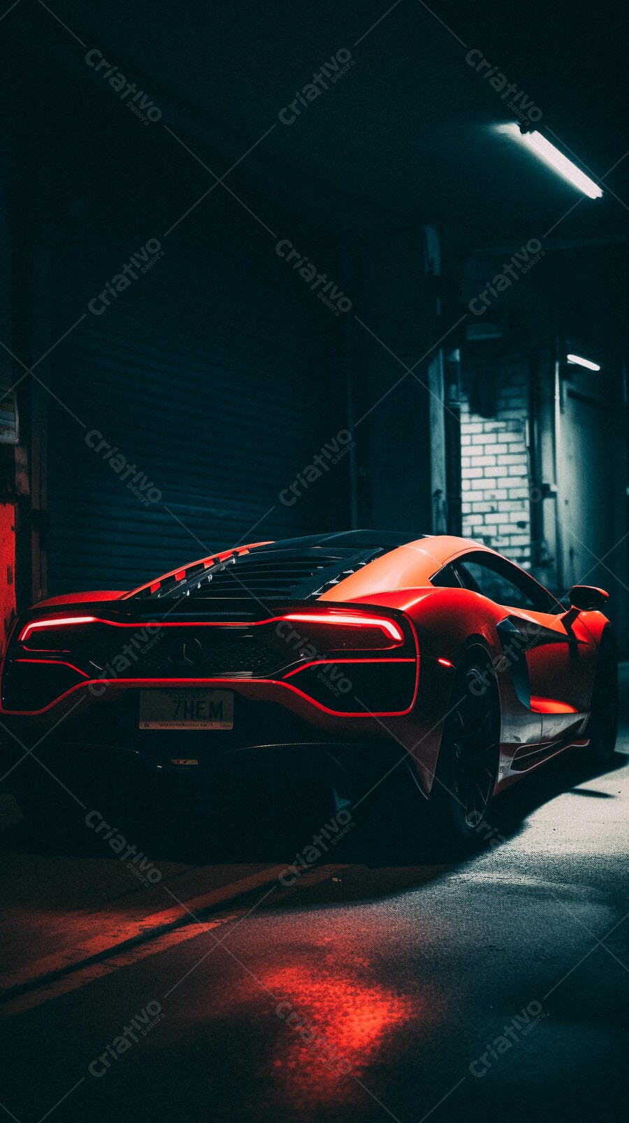 Superesportivo vermelho em estacionamento noturno