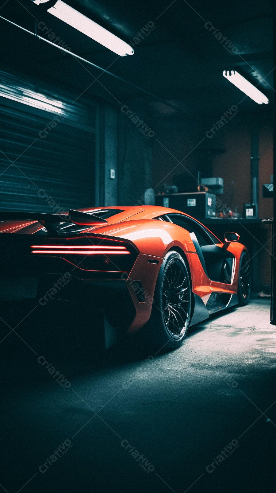 Lamborghini laranja em garagem escura