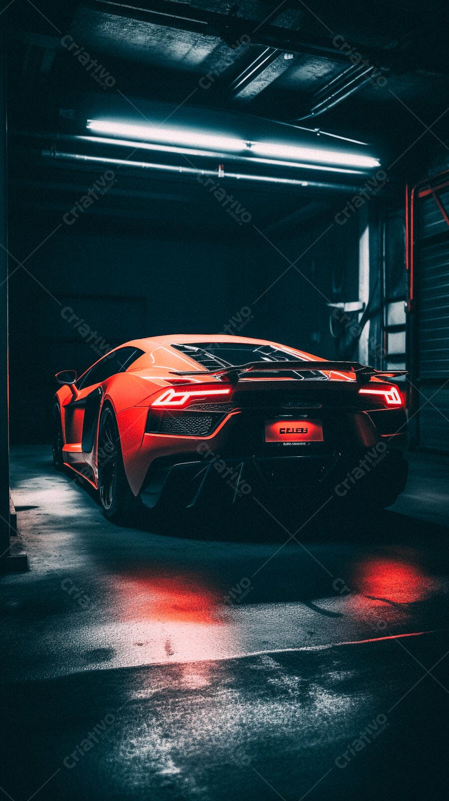 Lamborghini laranja em garagem escura