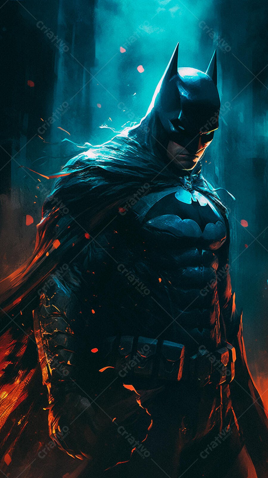 Batman em cena noturna com tons azuis e laranja