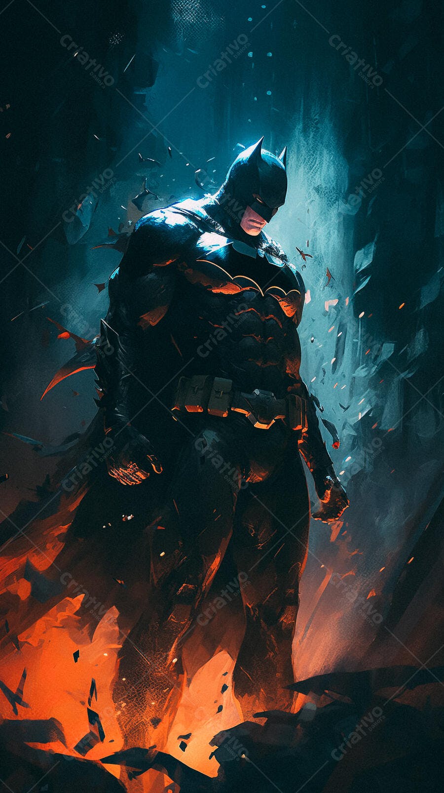 Batman em cena dramática com fogo