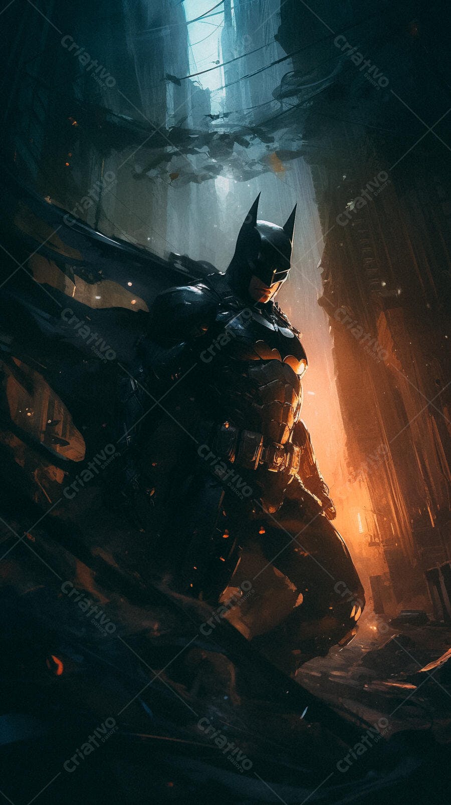 Batman em cenário urbano destruído