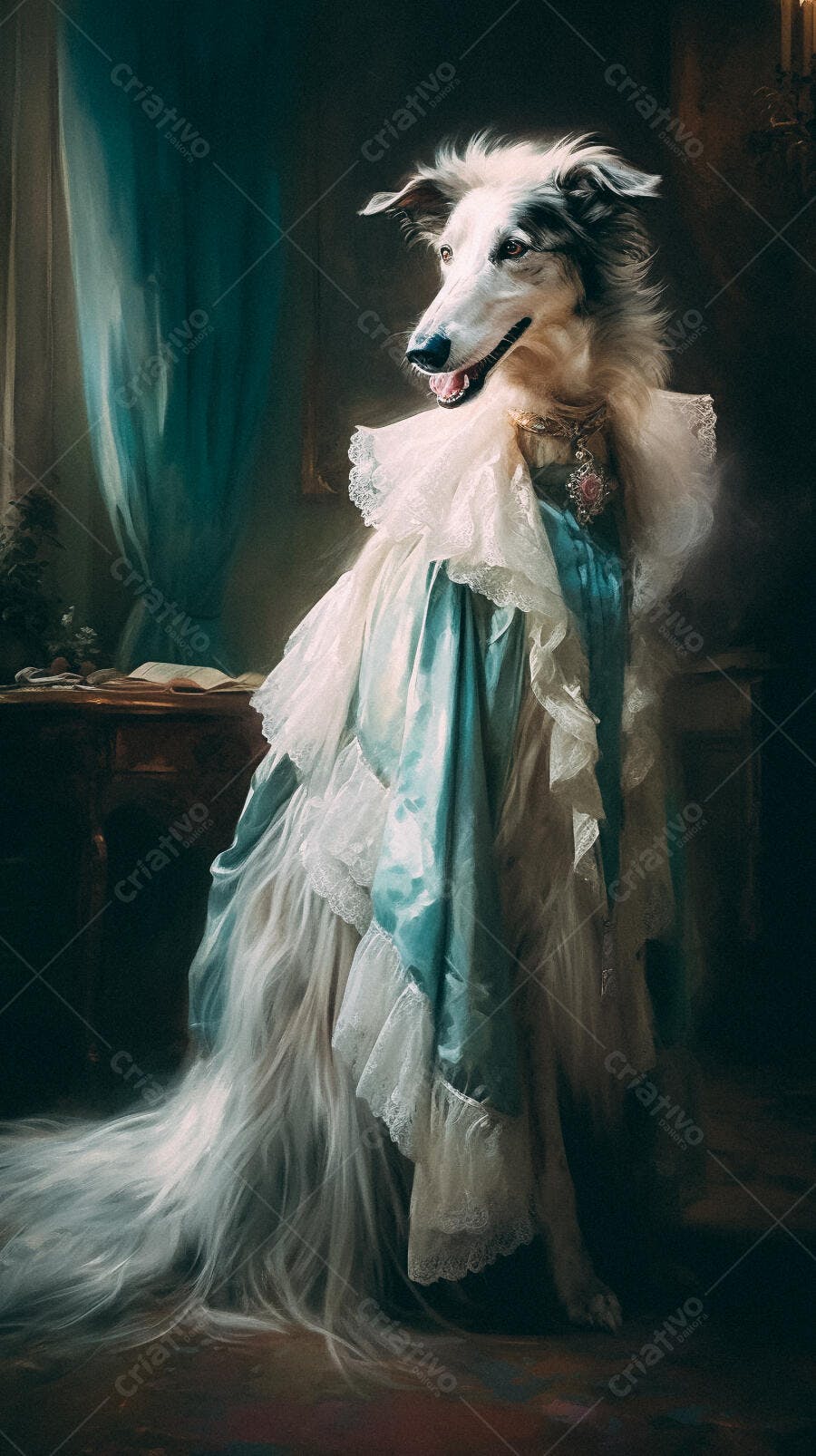 Cachorro elegante em vestido azul claro