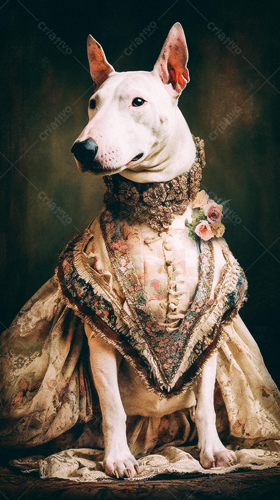 Bull Terrier em vestido antigo creme e floral
