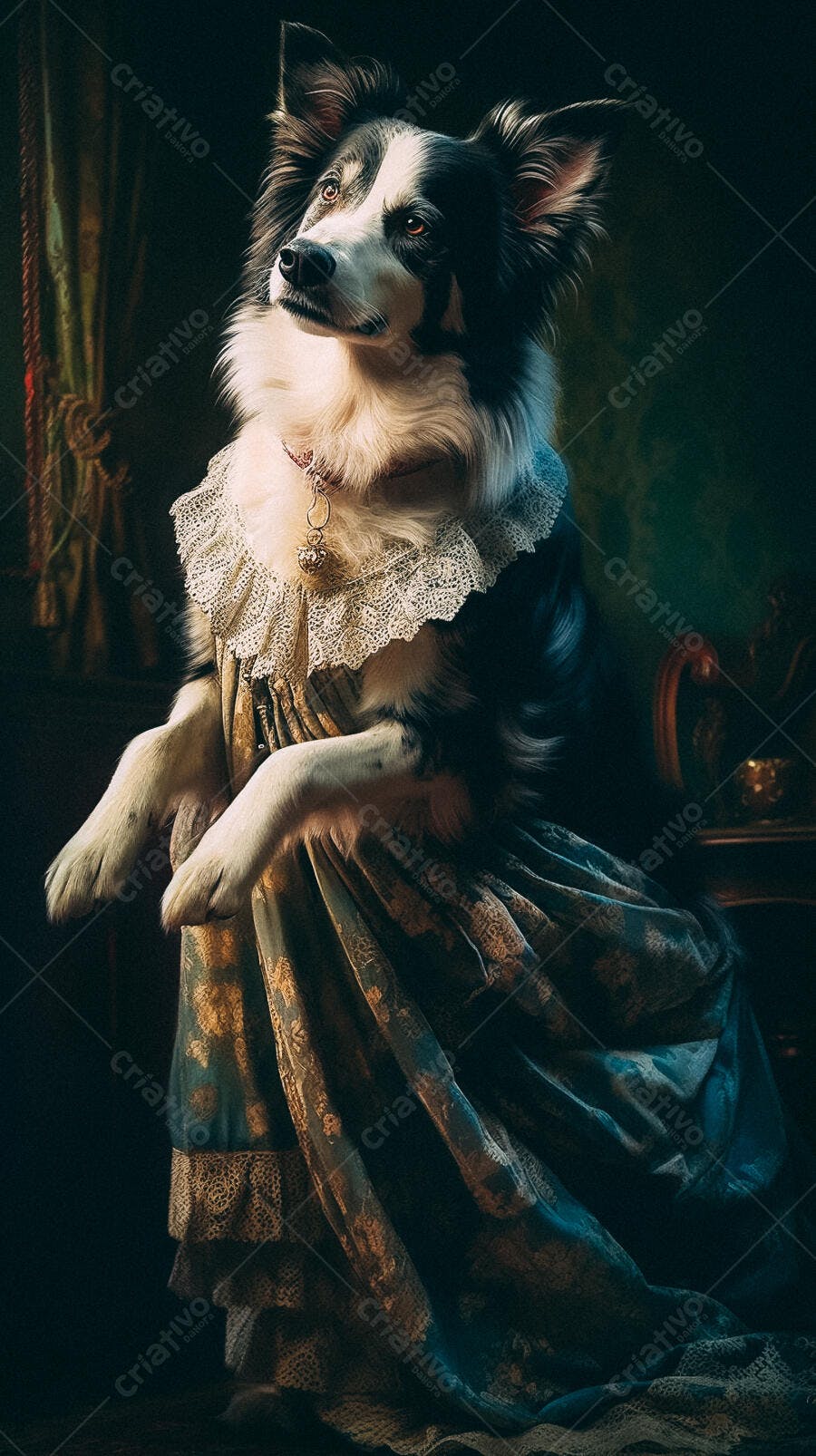 Cachorro Border Collie em vestido antigo