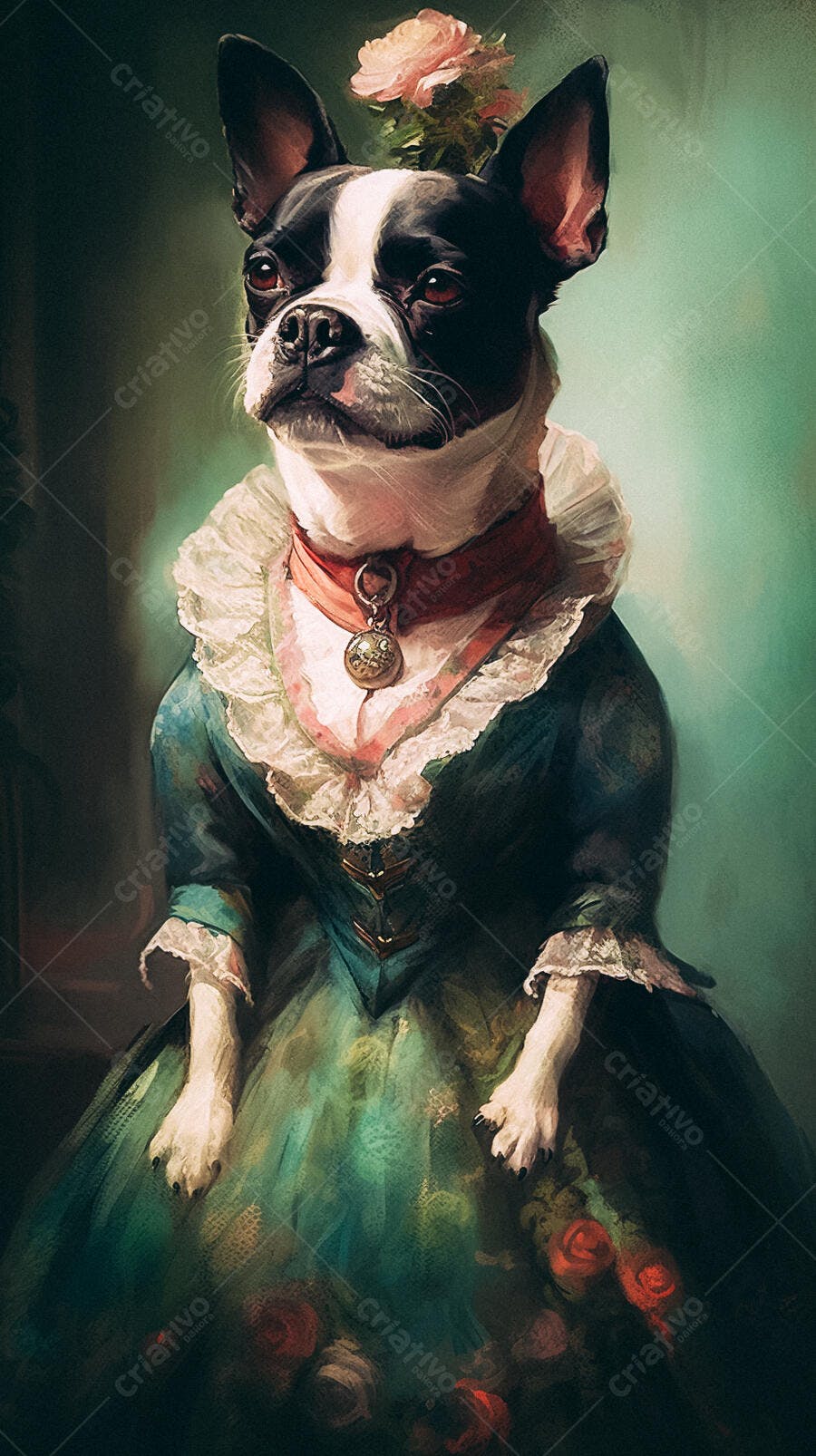 Bulldog Francês em vestido estilo rococó