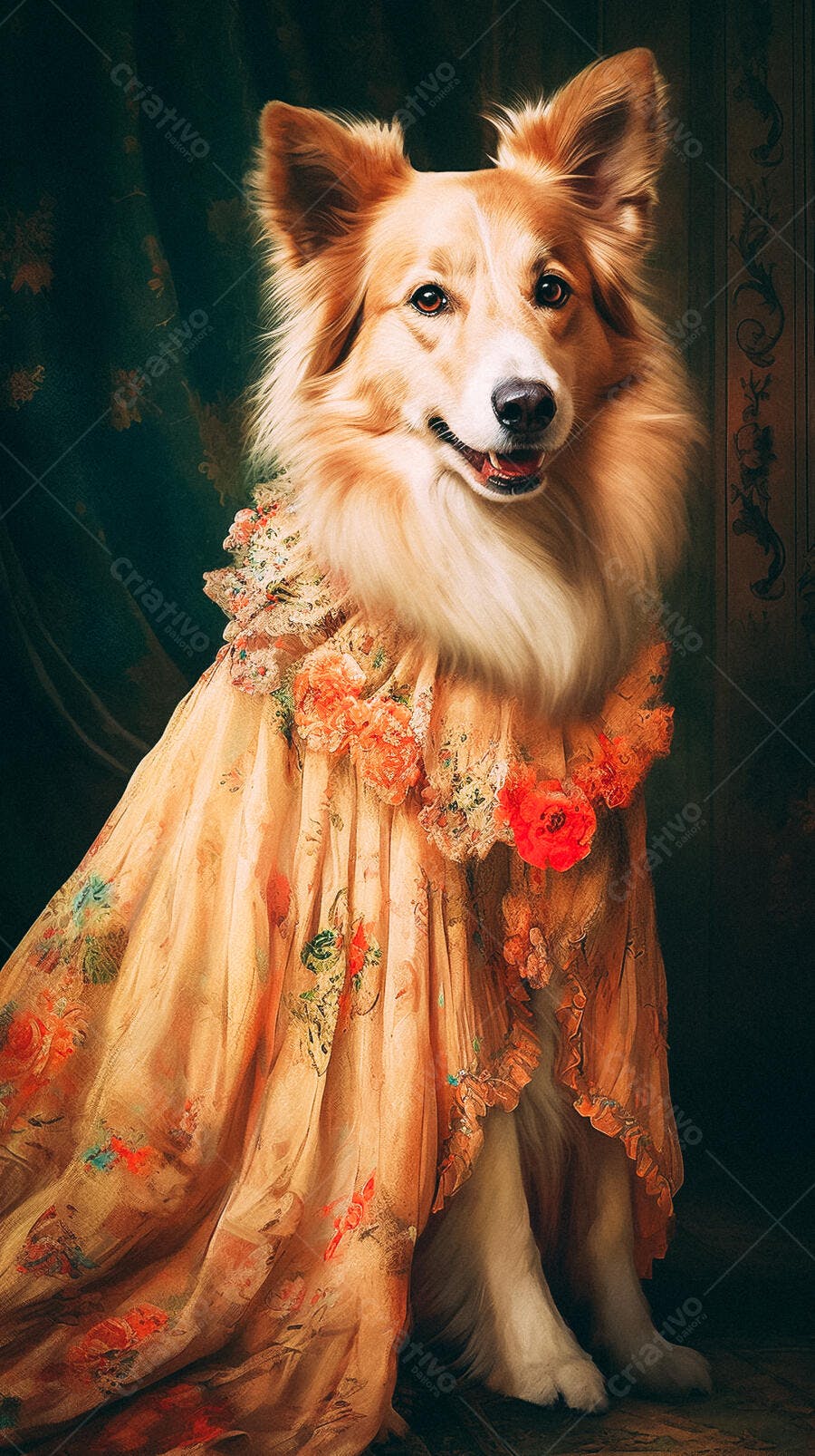 Cachorro em vestido floral estilo retrato