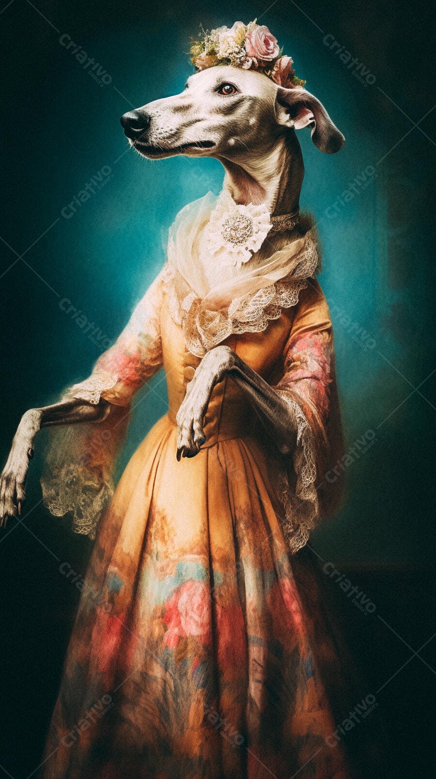 Galgo elegante em vestido floral