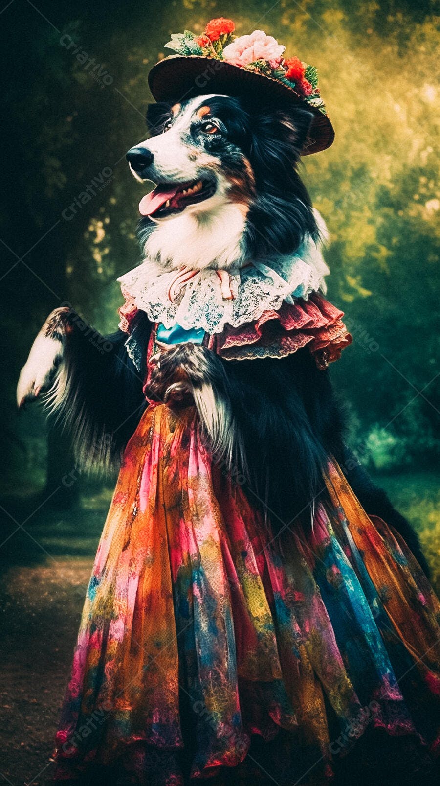 Cachorro Border Collie em vestido colorido