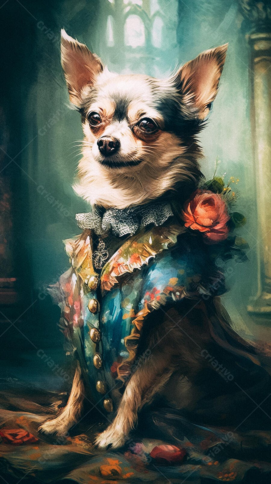 Chihuahua elegante em traje colorido