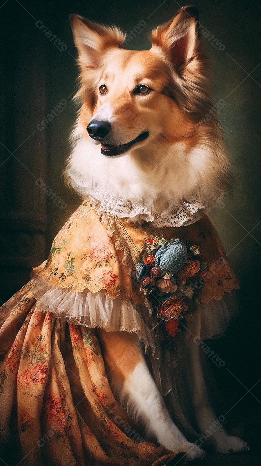 Cachorro em vestido antigo tons terra