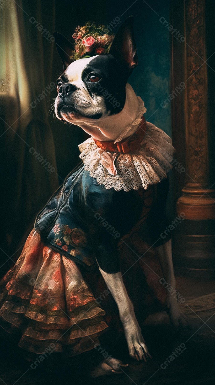 Boston Terrier elegante em vestido vintage