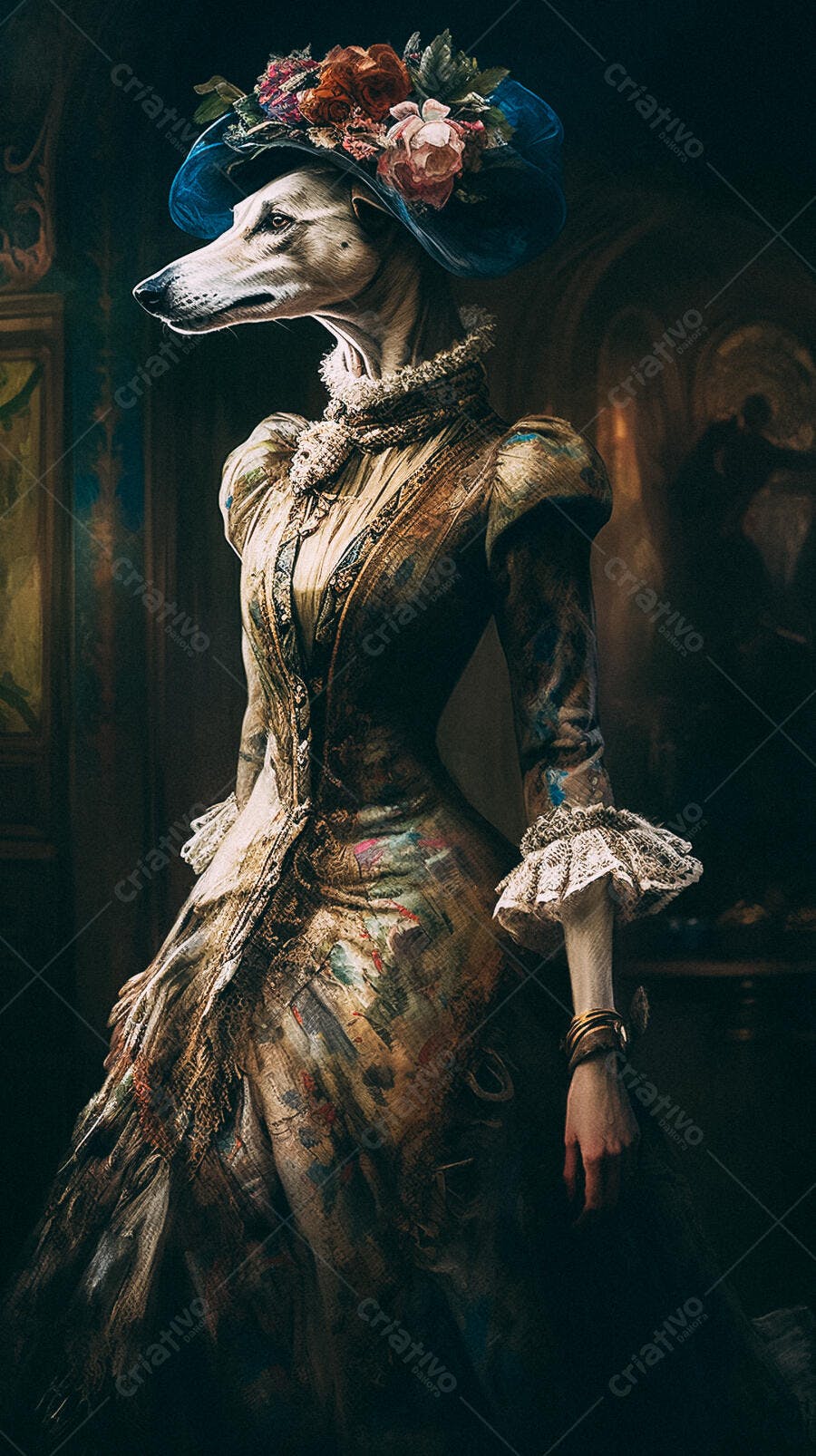 Galgo elegante em vestido antigo com flores