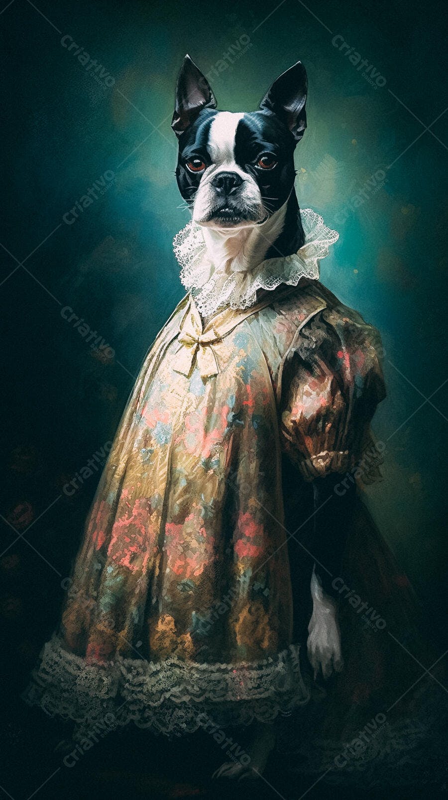 Cachorro Boston Terrier em vestido floral