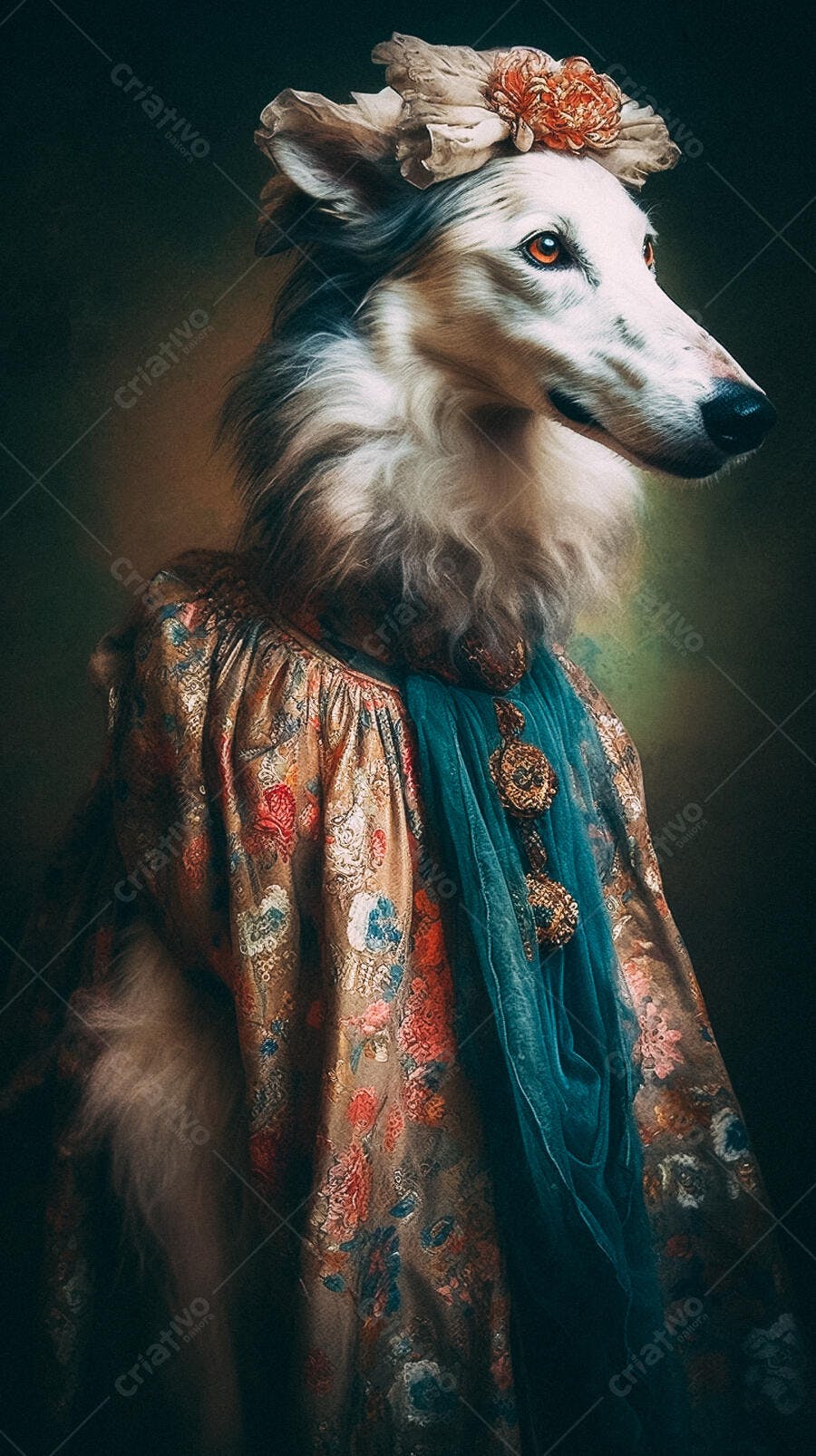 Cão Borzoi em traje histórico