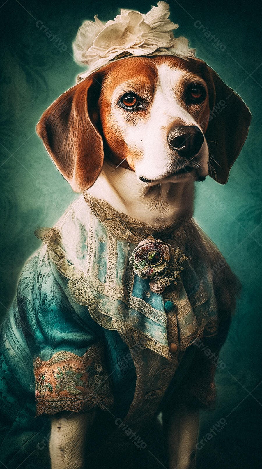 Beagle elegante em vestido azul antigo