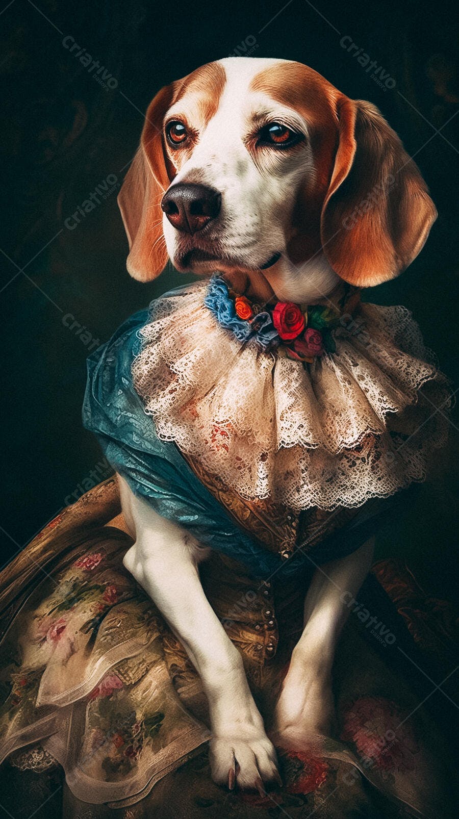 Beagle elegante em vestido vintage