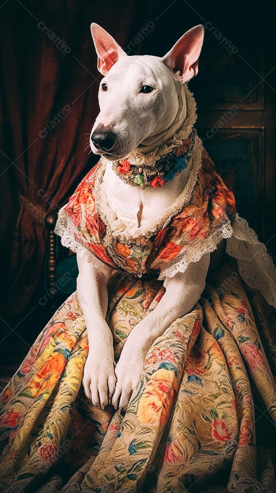 Bull Terrier branco em vestido floral antigo