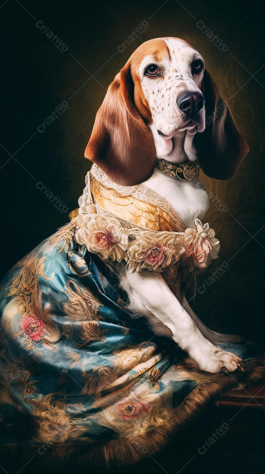 Cachorro Beagle em traje real azul e dourado