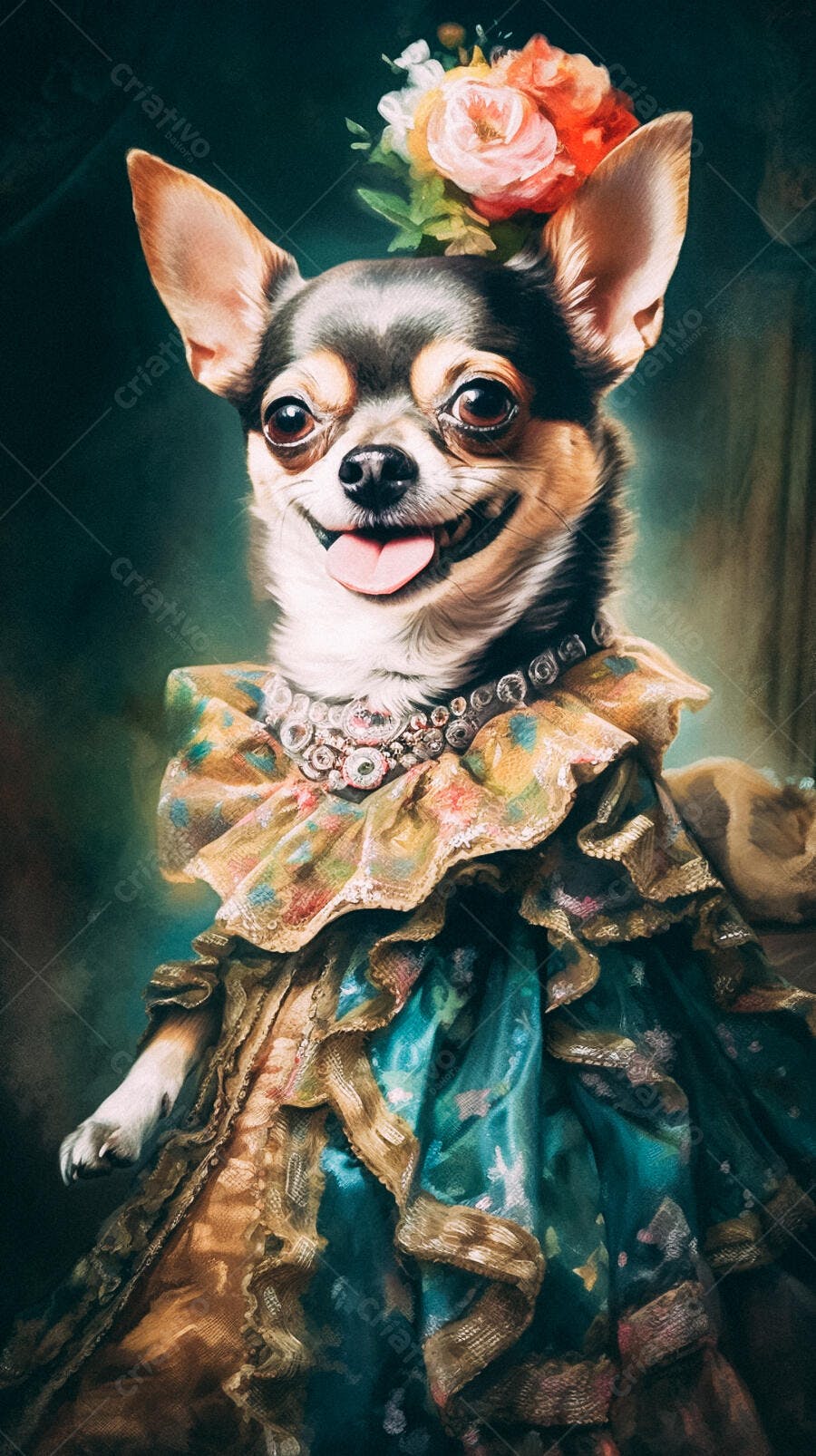 Chihuahua elegante em vestido azul e dourado