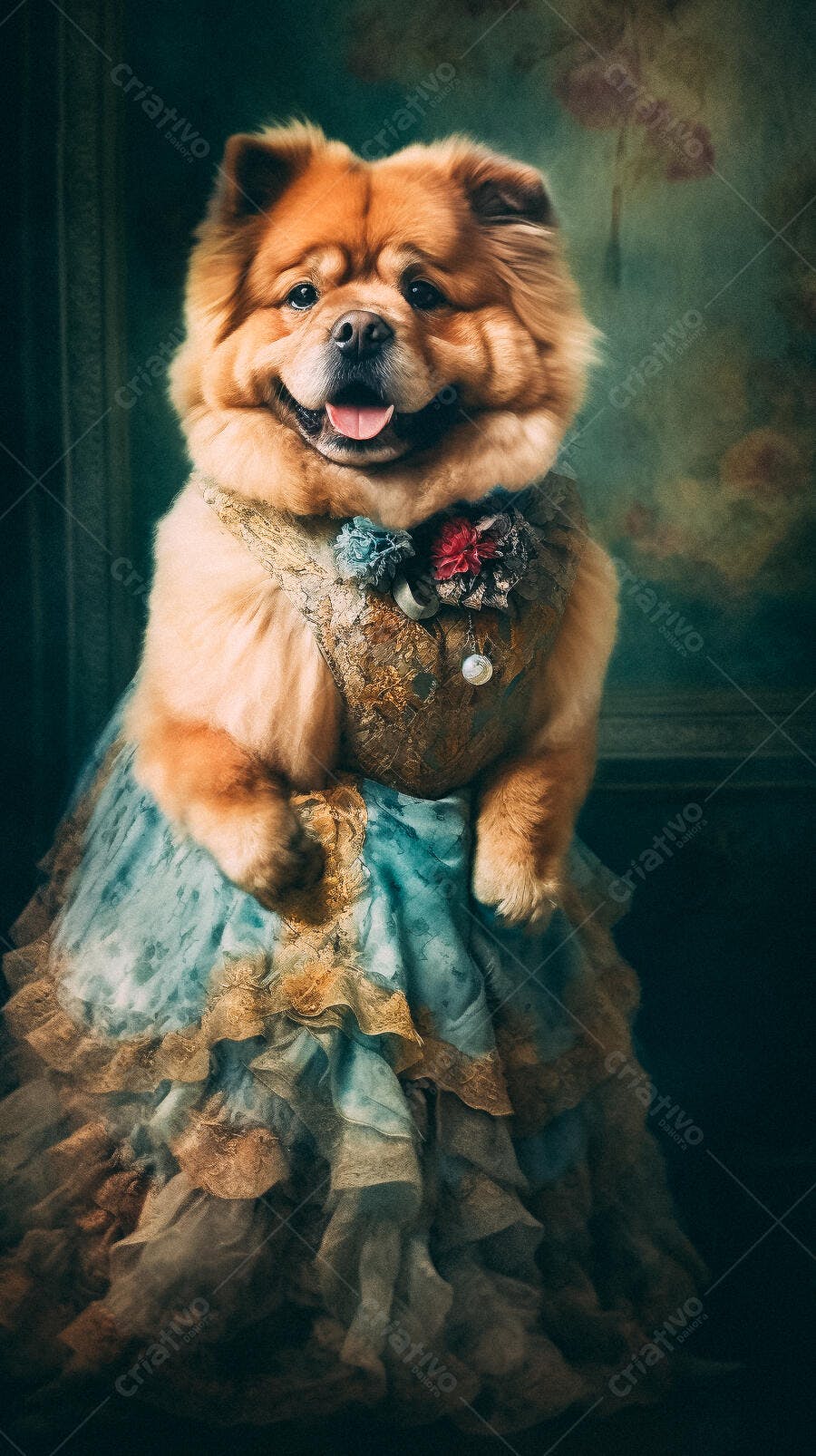 Chow Chow elegante em vestido azul e dourado