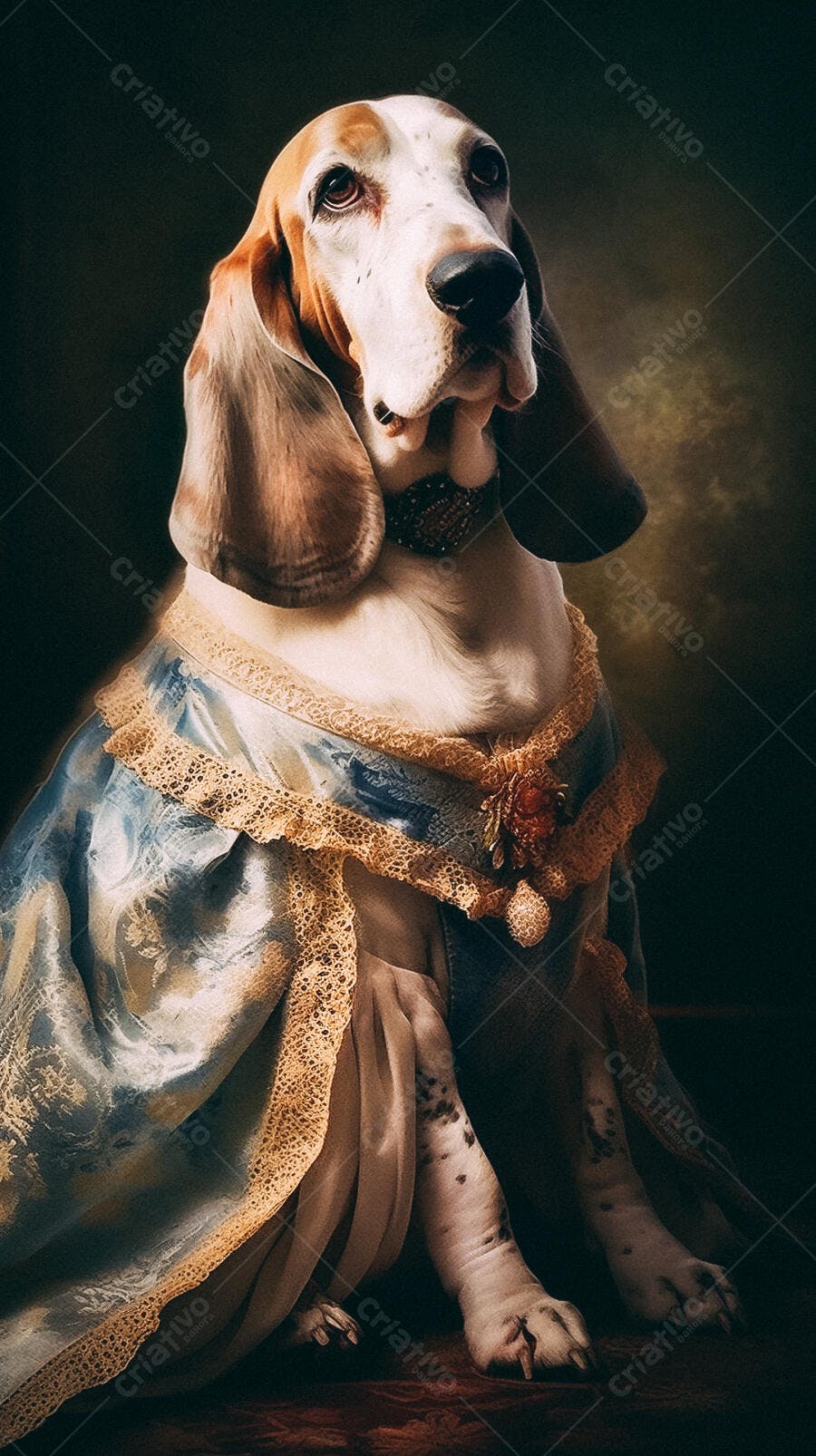 Basset Hound elegante em vestido azul e dourado