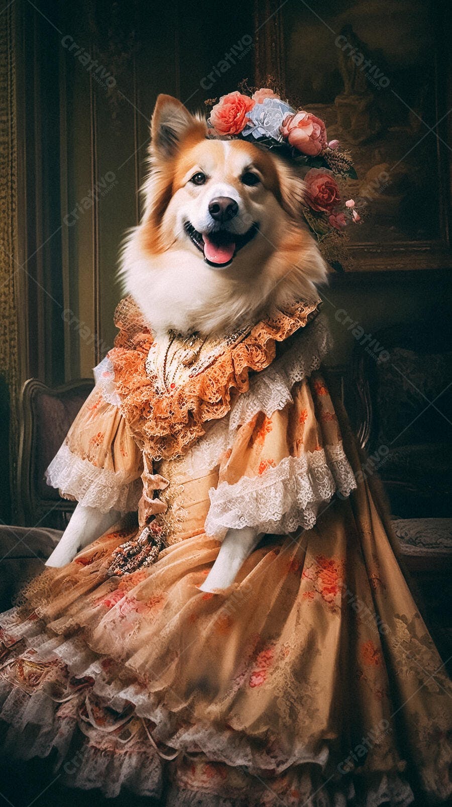 Cachorro em vestido floral antigo sorrindo