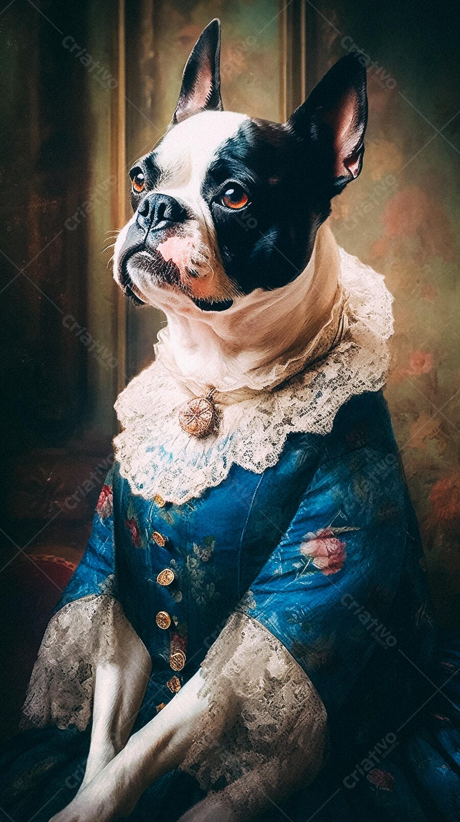 Boston Terrier em vestido azul antigo