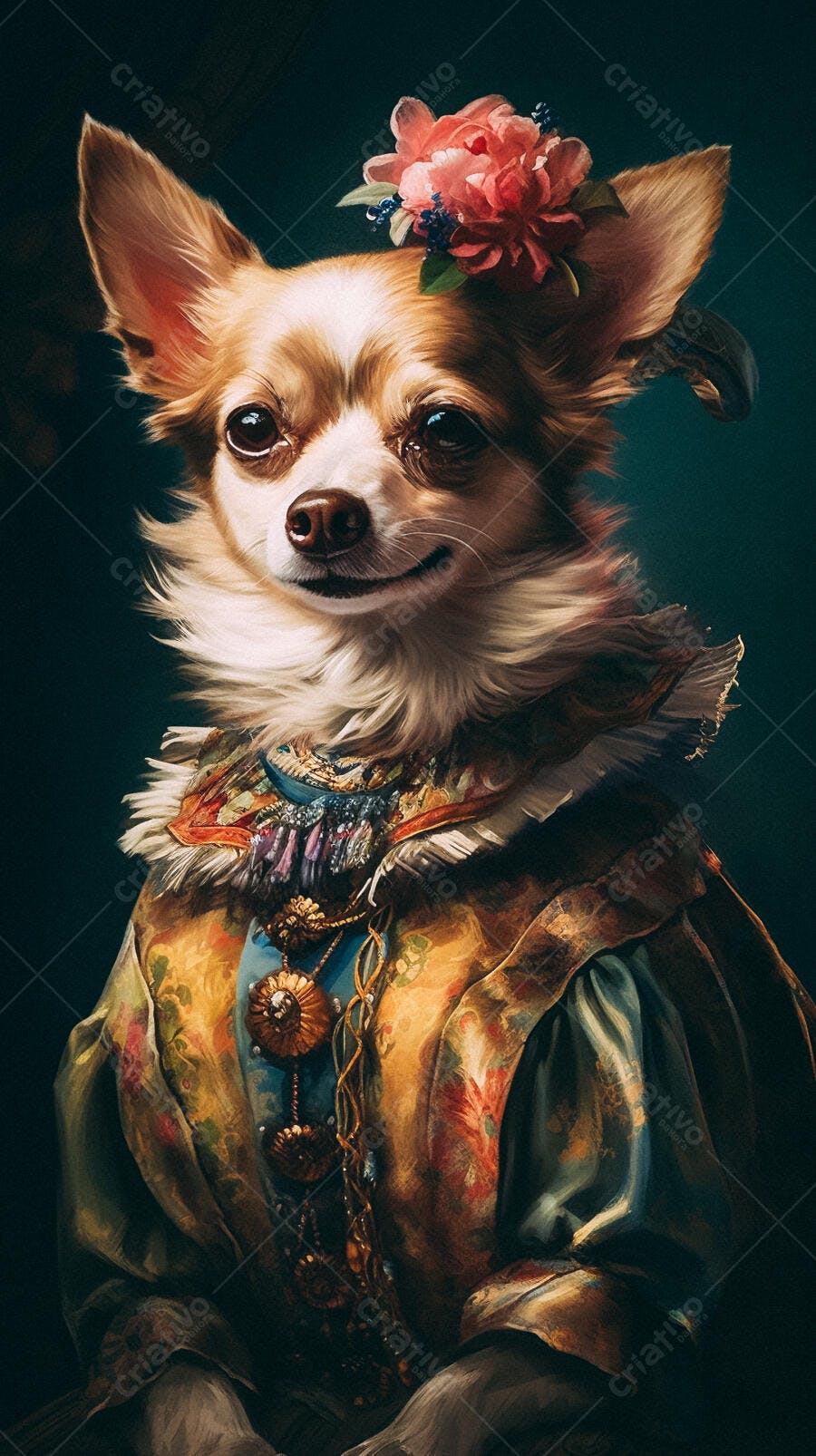 Chihuahua elegante com flor e roupa antiga