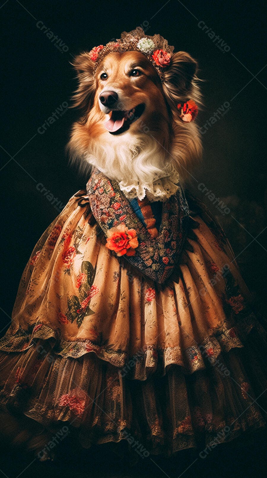 Cachorro Collie em vestido floral vintage