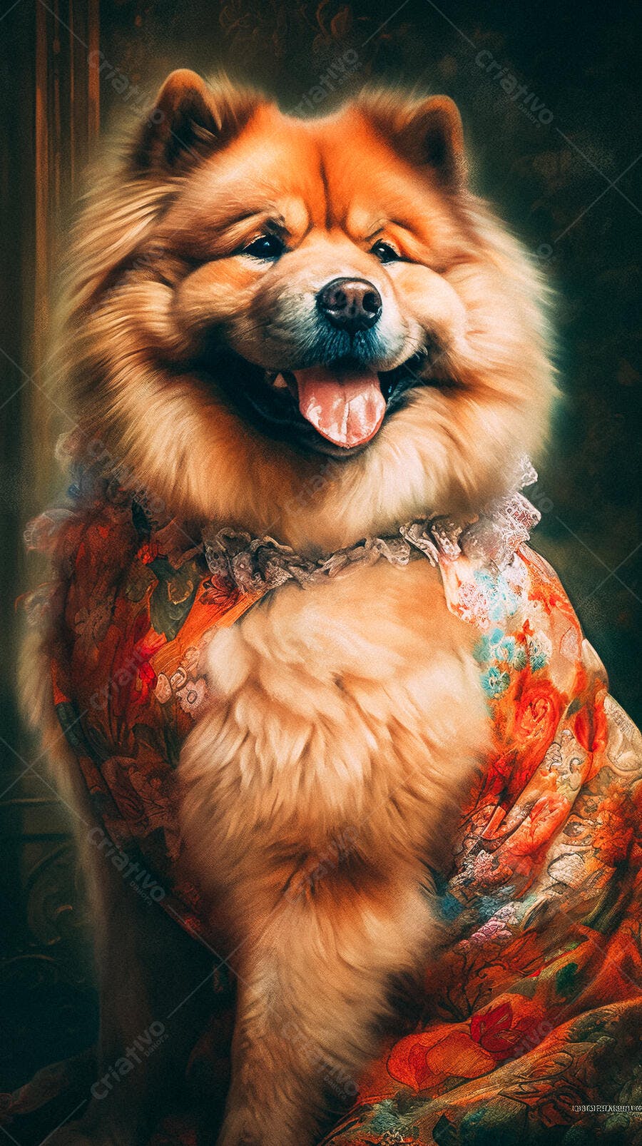 Chow Chow elegante em roupa floral