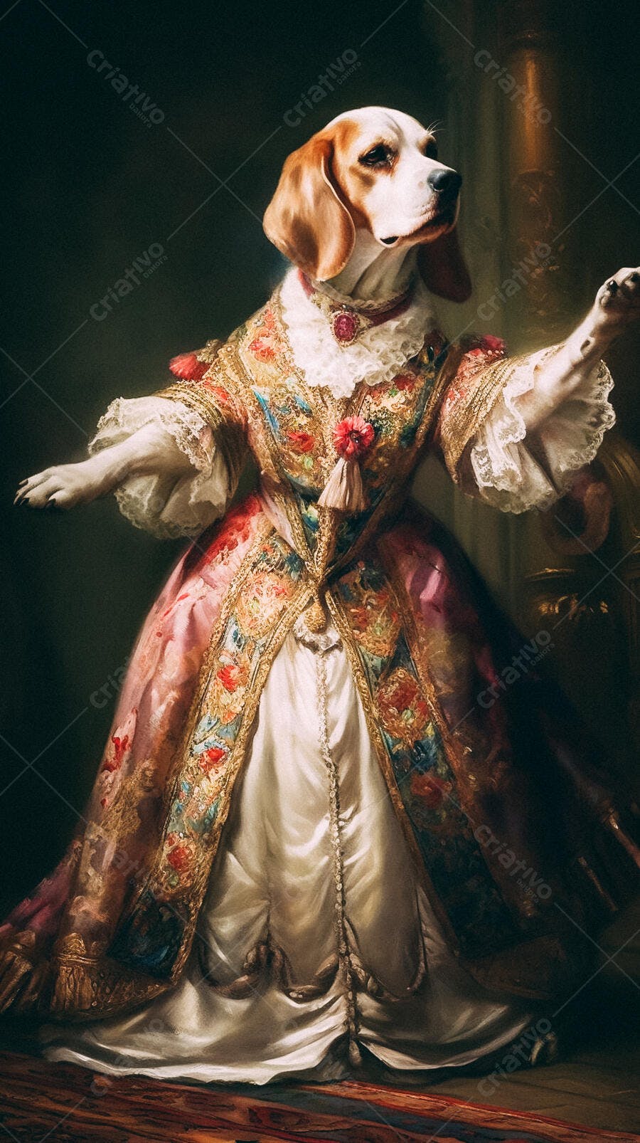 Beagle em vestido rococó