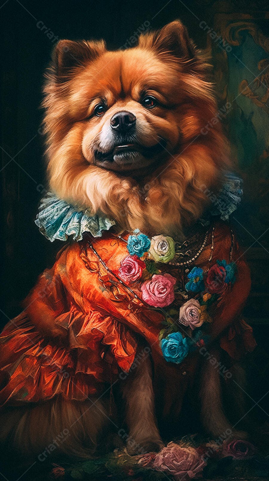 Chow Chow elegante em vestido vermelho