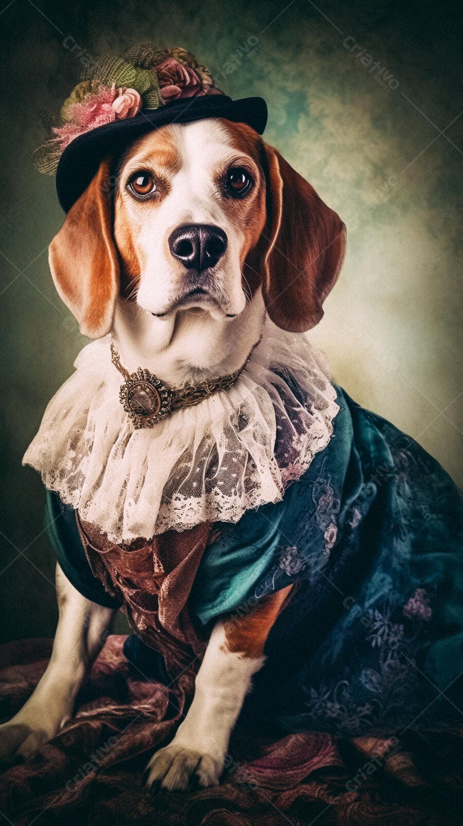 Beagle elegante em vestido vintage