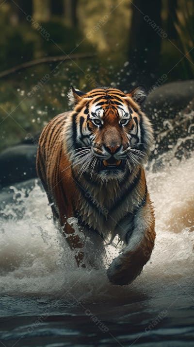 Tigre Selvagem Avançando pela Água na Selva