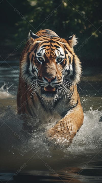 Tigre Selvagem Avançando pela Água na Selva