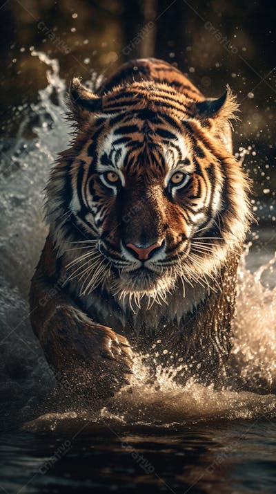 Tigre Selvagem Avançando pela Água na Selva