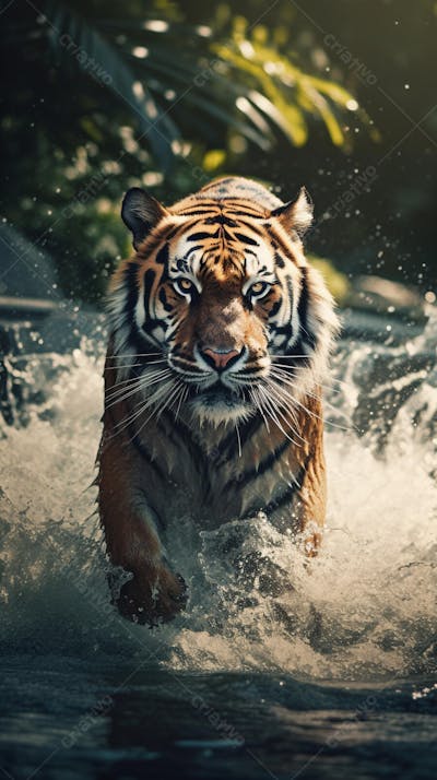 Tigre Selvagem Avançando pela Água na Selva