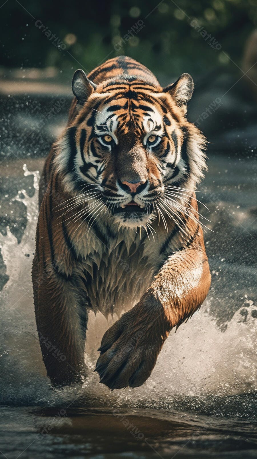 Tigre correndo na água em dia ensolarado