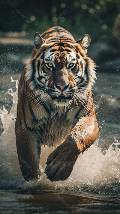 Tigre Selvagem Avançando pela Água na Selva