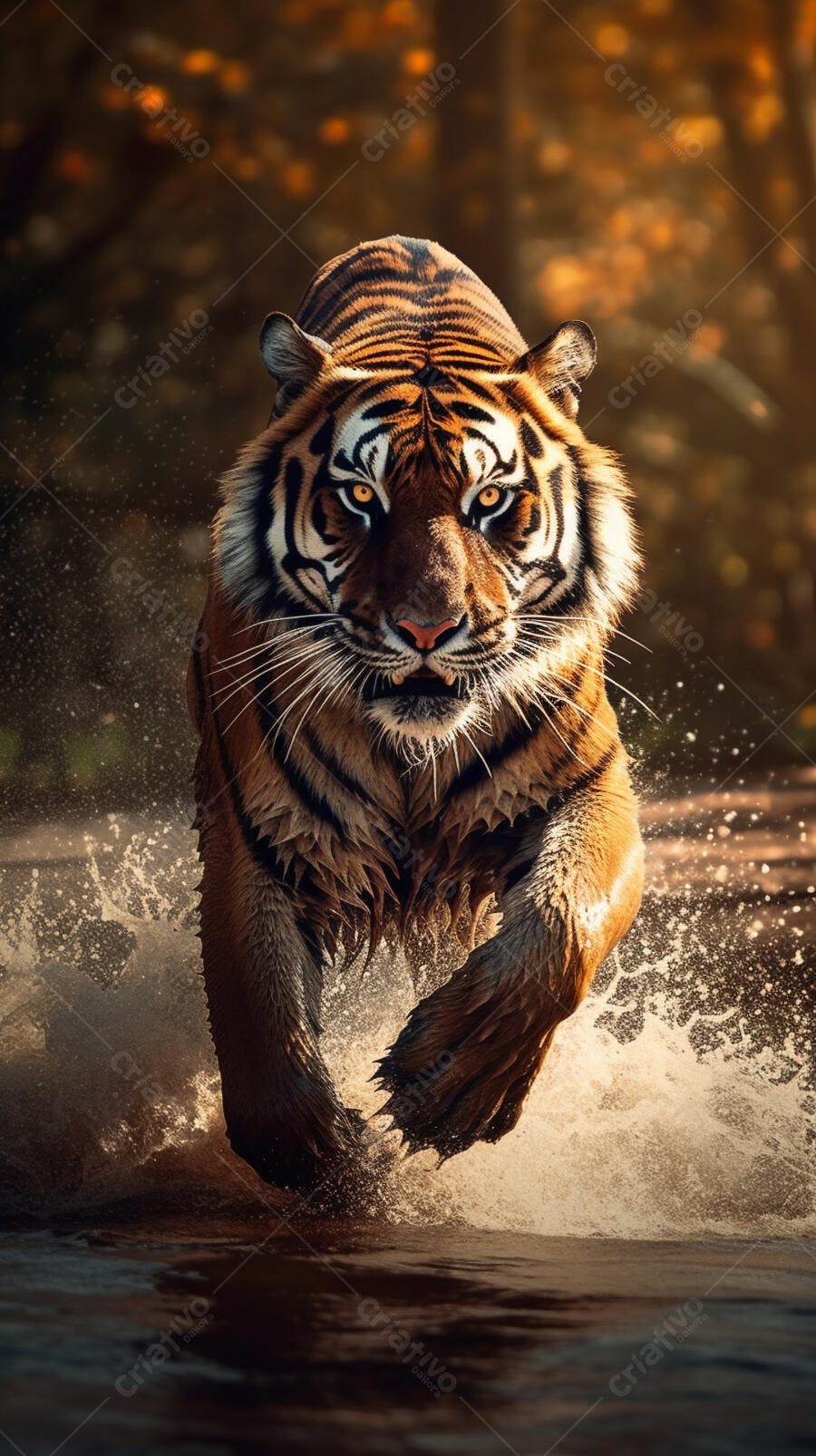 Tigre correndo na água ao entardecer