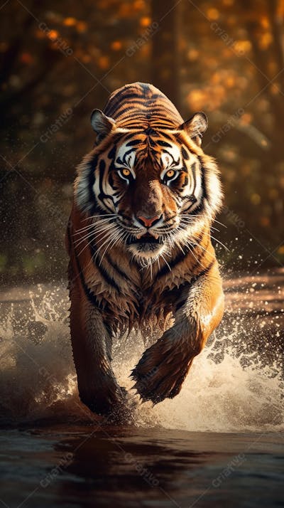 Tigre Selvagem Avançando pela Água na Selva