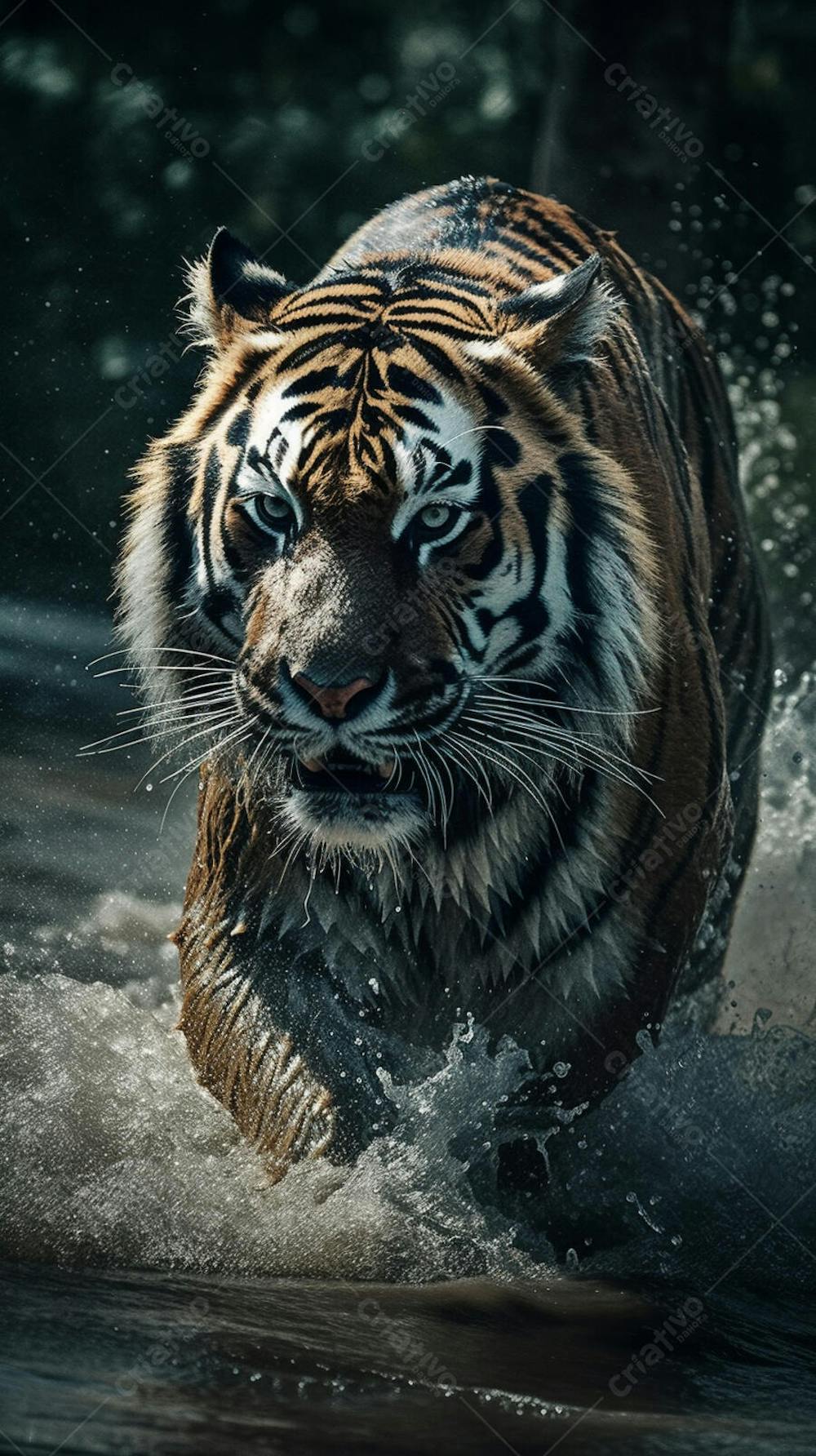 Tigre Selvagem Avançando pela Água na Selva