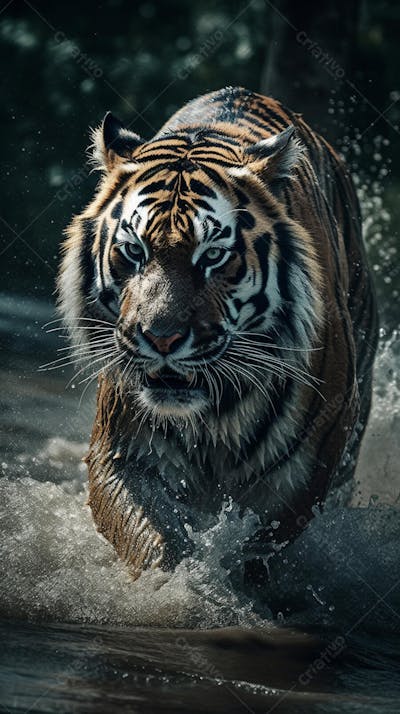 Tigre Selvagem Avançando pela Água na Selva